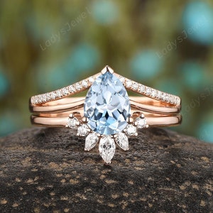 Split Shank Pear Cut Natural Aquamarine Bridal Set, March Birthstone Aquamarine Engagement Ring Set, Crown Moissanite Wedding Band for Women