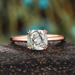 Cushion Cut Moss Agate Wedding Ring, Vintage Solitaire Moss Agate  Engagement Ring, Plain Band Rose Gold Moss Agate Promise Anniversary Ring
