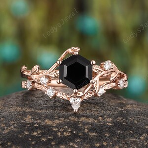 Hexagon Cut Black Onyx Engagement Ring Set, Unique Natural Vine Black Gemstone Bridal Set, 14K Rose Gold Black Onyx Promise Ring for Women