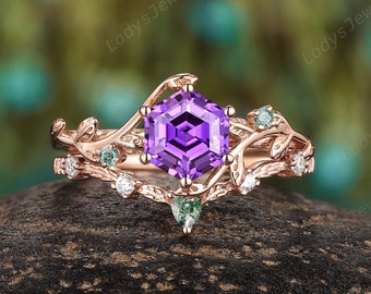 Hexagon Purple Sapphire Bridal Set, 14K Rose Gold Natural Moss