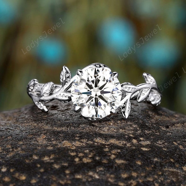 Round Lab Grown Diamond Engagement Ring 1.5 Carat Platinum IGI Certified Diamond Wedding Ring Nature Inspired Vine Leaf Diamond Promise Ring