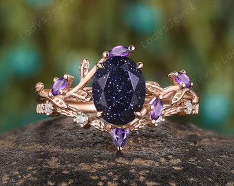 Conjunto nupcial de arenisca azul ovalada inspirado en la naturaleza, conjunto de anillos de compromiso de piedra dorada de la nebulosa de Orión, anillo de promesa de amatista élfica de oro rosa para mujeres