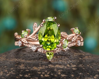 Oval Cut Natural Peridot Engagement Ring Set, 14K Rose Gold Hip Hop Twig Leaf Bridal Set, August Birthstone Wedding Promise Ring for Women