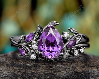 Gothic Pear Violet Sapphire Engagement Rings Rhodium Black Gold