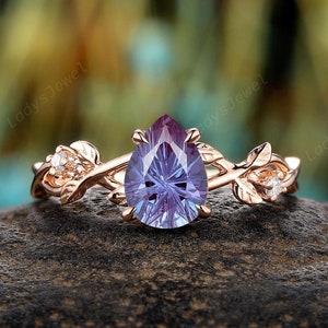 Unique Firework Cut Alexandrite Engagement Ring Pear Shape Alexandrite Twig Leaf Promise Ring 14K Rose Gold Diamond Wedding Ring for Women