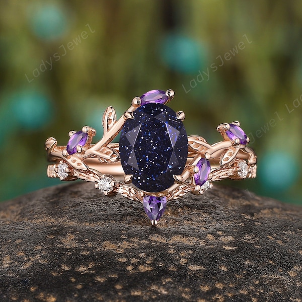 Nature Inspired Oval Blue Sandstone Bridal Set, Orion Nebula Goldstone Engagement Ring Set, Rose Gold Elvish Amethyst Promise Ring for Women