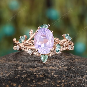 Natural Oval Cut Lavender Amethyst Bridal Set, 14K Rose Gold Moss Agate Engagement Ring Set, Twig Branch February Birthstone Wedding Ring