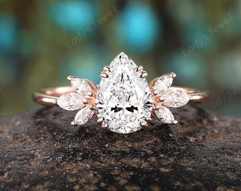 1 Carat Pear Cut Lab Grown Diamond Engagement Ring, 14K Rose Gold IGI Certified Diamond Wedding Ring, Cluster Marquise Diamond Promise Ring