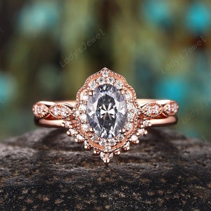 Oval Shape Gray Moissanite Engagement Ring Set, Unique 14K Rose Gold Grey Moissanite Bridal Set, Halo Promise Wedding  Anniversary Ring Gift