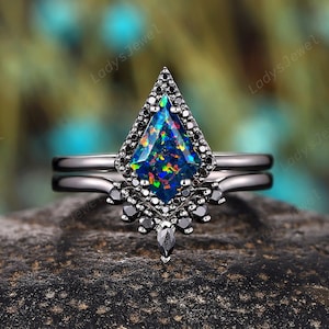 Kite Cut Black Fire Opal Engagement Ring Set 14K Black Gold Halo Black Moissanite Witchy Promise Ring Gothic October Birthstone Wedding Ring