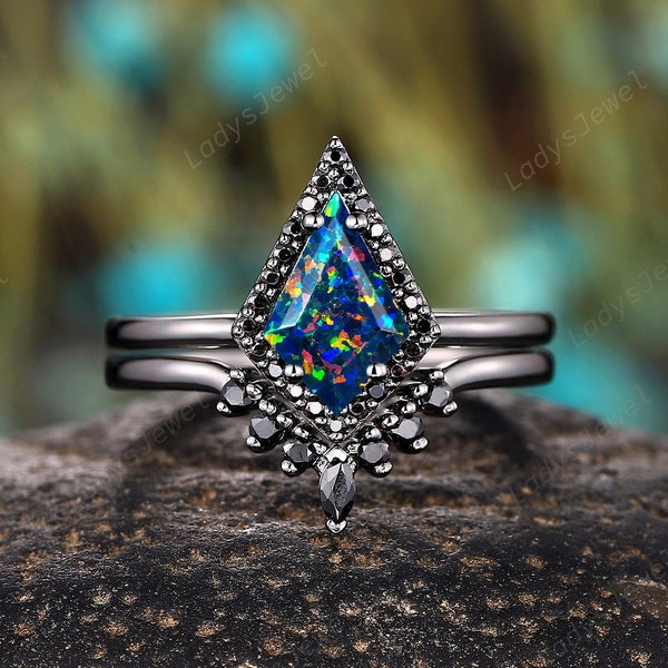 Black Gold Kite Cut Black Fire Opal Engagement Ring Set, Rhodium Black Moissanite Witchy Bridal Set Hip Hop Gothic Halo Wedding Promise Ring