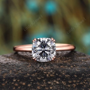 Vintage Cushion Cut Gray Moissanite Engagement Solitaire Ring, Unique Rose Gold Grey Moissanite Wedding Ring, Promise Anniversary Ring Gift