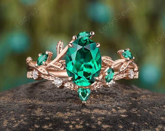 Vintage Oval Emerald Engagement Ring Set, 14K Rose Gold May Birthstone Bridal Set, Nature Inspired Twig Branch Wedding Promise Ring for Her