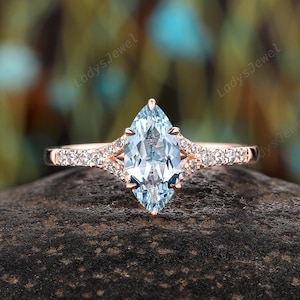 Marquise Cut Natural Aquamarine Engagement Ring 14K Rose Gold Blue Aquamarine Split Wedding Ring Vintage March Birthstone Promise Ring Gift