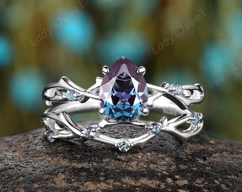 Peervorm alexandriet verlovingsring set 14K witgouden alexandriet bruids set takje trouwring set sterlingzilveren belofteringen