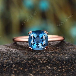 Vintage Cushion Cut Natural London Blue Topaz  Engagement Solitaire Ring, Unique Rose Gold Topaz Wedding Ring, Promise Anniversary Ring Gift