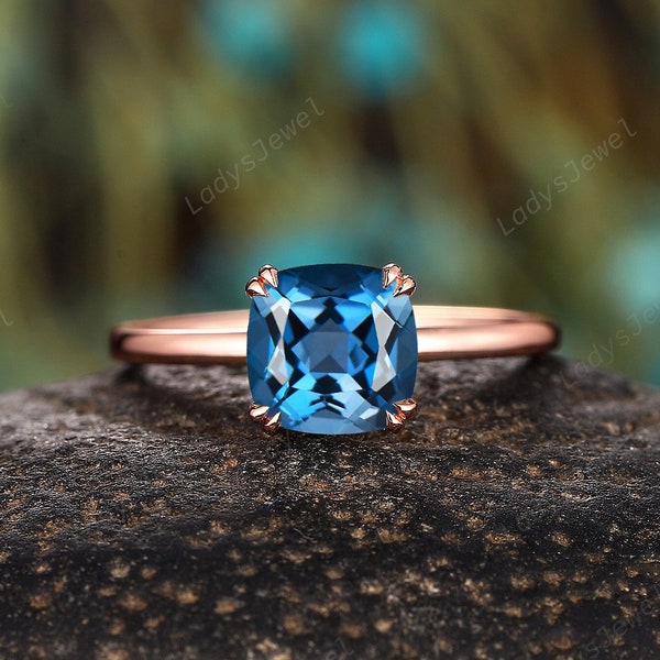 Vintage Cushion Cut Natural London Blue Topaz  Engagement Solitaire Ring, Unique Rose Gold Topaz Wedding Ring, Promise Anniversary Ring Gift