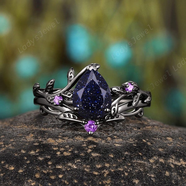 1CT Nebula Blue Sandstone Gothic Engagement Ring Set, Rhodium Black Gold Amethyst Bridal Set,Pear Blue Goldstone Witchy Wedding Ring for Her