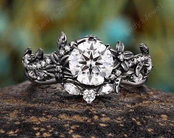 Gothic Clear Moissanite Bridal Set Rhodium Black Gold Diamond Floral Engagement Ring Set Fantasy Nature Inspired Witchy Promise Ring for Her