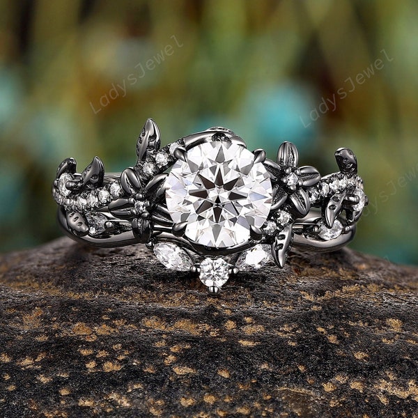 Gothic Clear Moissanite Bridal Set Rhodium Black Gold Diamond Floral Engagement Ring Set Fantasy Nature Inspired Witchy Promise Ring for Her