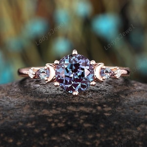 Round Alexandrite and Diamond Engagement Ring 14K Rose Gold June Birthstone Promise Ring Color Change Alexandrite Crescent Moon Wedding Ring