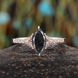 Natural Salt and Pepper Diamond Engagement Ring, Marquise Cut Black Diamond Promise Ring, 14K Rose Gold Split Wedding Ring Anniversary Gift