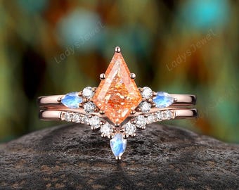Vintage Kite Cut Natural Orange Sunstone Bridal Set, 14K Rose Gold Blue Moonstone Engagement Ring, Golden Sunstone Promise Wedding Ring Gift