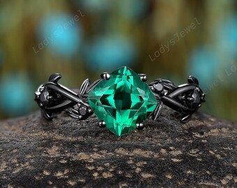 Black Gold Emerald Engagement Ring, Black Leaf Ring, Cushion Cut