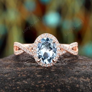 Oval Cut Natural Aquamarine Halo Engagement Ring 14K Rose Gold Blue Aquamarine Crossover Wedding Ring March Birthstone Twisted Promise Ring