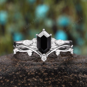 Vintage Kite Cut Black Onyx Engagement Ring Solid 14k White