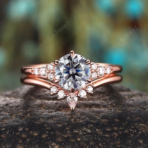 Round Shape Gray Moissanite Engagement Ring Set, Unique 14K Rose Gold Grey Moissanite Bridal Set, Promise Wedding  Anniversary Ring Gift