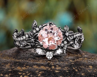 Gothic Pink Morganite and Diamond Bridal Set Rhodium Black Gold Peach Morganite Engagement Ring Set Vine Floral Witchy Wedding Ring for Her