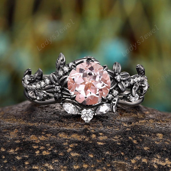 Gothic Pink Morganite and Diamond Bridal Set Rhodium Black Gold Peach Morganite Engagement Ring Set Vine Floral Witchy Wedding Ring for Her