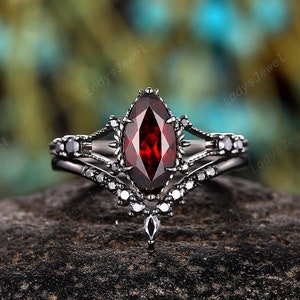 Black Gold Marquise Garnet Engagement Ring Set, Witchy Rhodium Black Promise Ring, Gothic Black Wedding Anniversary Ring Gift Bridal Set