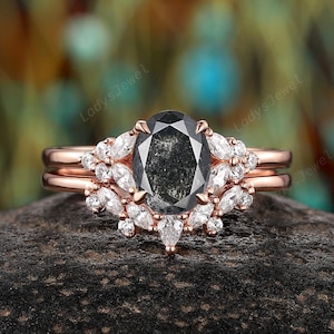 Oval Cut Salt and Pepper Diamond Engagement Ring, 14K Rose Gold Natural Black Diamond Bridal Set, Gray Diamond Wedding Ring Anniversary Gift