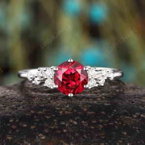 Vintage Round Shape Cluster Ruby Engagement Ring, Unique 14K Solid White Gold Snowdrift Moissanite Ruby Wedding Ring, Ruby Promise Ring Gift