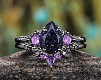 Gothic Orion Nebula Blue Sandstone Bridal Set, Rhodium Black Gold Pear Blue Goldstone Engagement Ring Set, Amethyst Witchy Promise Ring Set