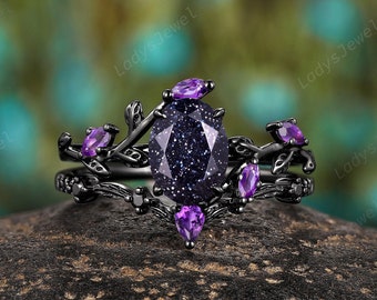 Black Gold Nebula Blue Sandstone Bridal Set, Gothic Amethyst Engagement Ring Set,Rhodium Oval Blue Goldstone Alexandrite Witchy Wedding Ring