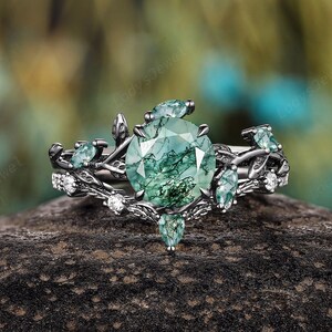 Natural Round Cut Moss Agate Engagement Ring Set, Gothic Rhodium Black Gold Twig Leaf Bridal Set, Green Aquatic Agate Witchy Wedding Ring
