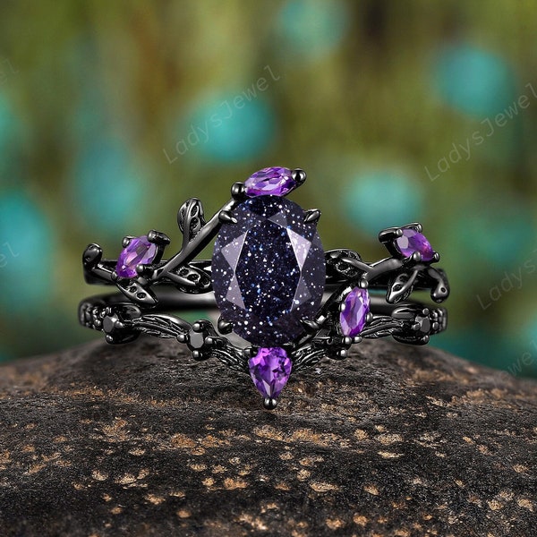 Black Gold Nebula Blue Sandstone Bridal Set, Gothic Amethyst Engagement Ring Set,Rhodium Oval Blue Goldstone Alexandrite Witchy Wedding Ring