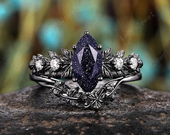 Gothic Orion Nebula Blue Sandstone Engagement Rings Marquise Cut Blue Goldstone Promise Rings 14K Black Gold Maple Leaf Witchy Wedding Rings