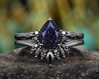 Pear Cut Orion Nebula Blue Sandstone Gothic Bridal Set, Rhodium Black Gold Blue Goldstone Engagement Ring Set, Vintage Witchy Wedding Ring