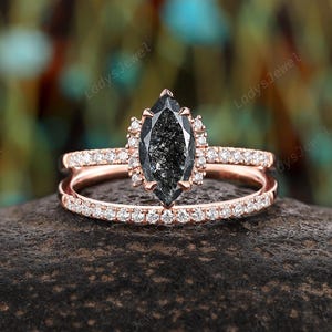 Marquise Cut Salt and Pepper Diamond Bridal Set 14K Rose Gold Half Eternity Engagement Ring Natural Black Diamond Wedding Promise Ring Gift