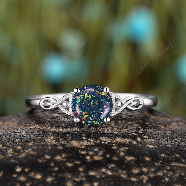 Vintage Black Opal Engagement Ring, Multi Color Change Opal Wedding Ring, 14K White Gold Infinity Opal Promise Ring Anniversary Gift for her