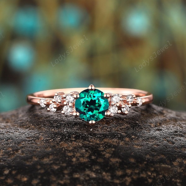 5mm Round Shape Emerald Cluster Engagement Ring, Unique 14K Rose Gold Emerald Snowdrift Wedding Ring, May Birthstone Promise Ring Gift