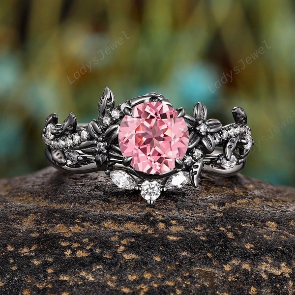 Gothic Round Pink Sapphire Bridal Set, Rhodium Black Gold Twisted Floral Engagement Ring Set Hip Hop Leaf Peach Sapphire Witchy Promise Ring