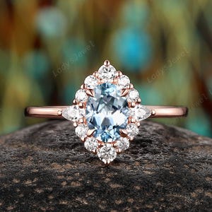 Halo Oval Cut Natural Aquamarine Engagement Ring, 14K Rose Gold Blue Aquamarine Floral Wedding Ring, March Birthstone Promise Ring for Women