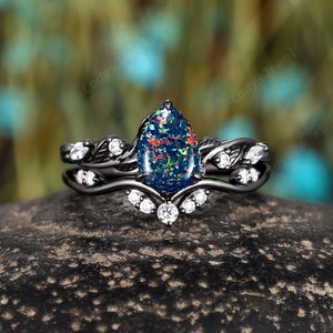 Unique Pear Cut Black Fire Opal Engagement Ring Set Witchy Rhodium Black Gold Hip Hop Bridal Set Gothic Twig Branch Wedding Anniversary Ring