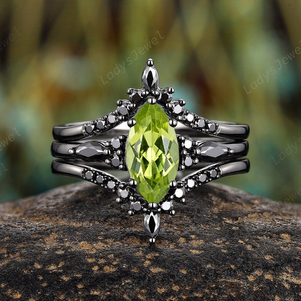 Gothic Marquise Peridot Engagement Ring Set Rhodium Black Gold August Birthstone Bridal Set Nature Green Peridot Witchy Promise Ring for Her