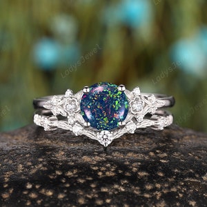 Round Shape Black Fire Opal Floral Engagement Ring, Color Change Opal Wedding Ring, White Gold Promise Ring Multi Fire Opal Anniversary Gift